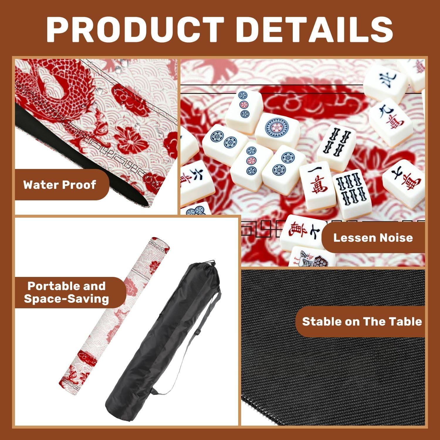 Mahjong Mat 31.5" x 31.5" Red Chinese Dragon Clouds Waves Non-Slip Noise Reduction Mahjong Tiles Table Cover for Dominoes Poker Card Board and Tile Games