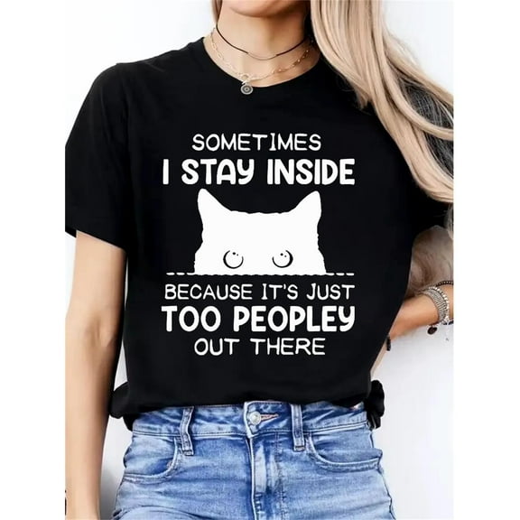 Women's Black Print Tshirt Graphic Tees Shirts Introvert Cat Too Peopley Humor Mental Health S-5XL Tops
