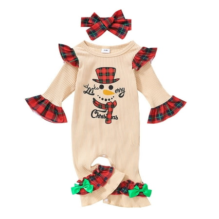 

Rovga Kids Girls Baby Toddler Bodysuits Flare Sleeve Christmas Romper Xmas Snowman Plaid Printed Jumpsuit Headbands Set
