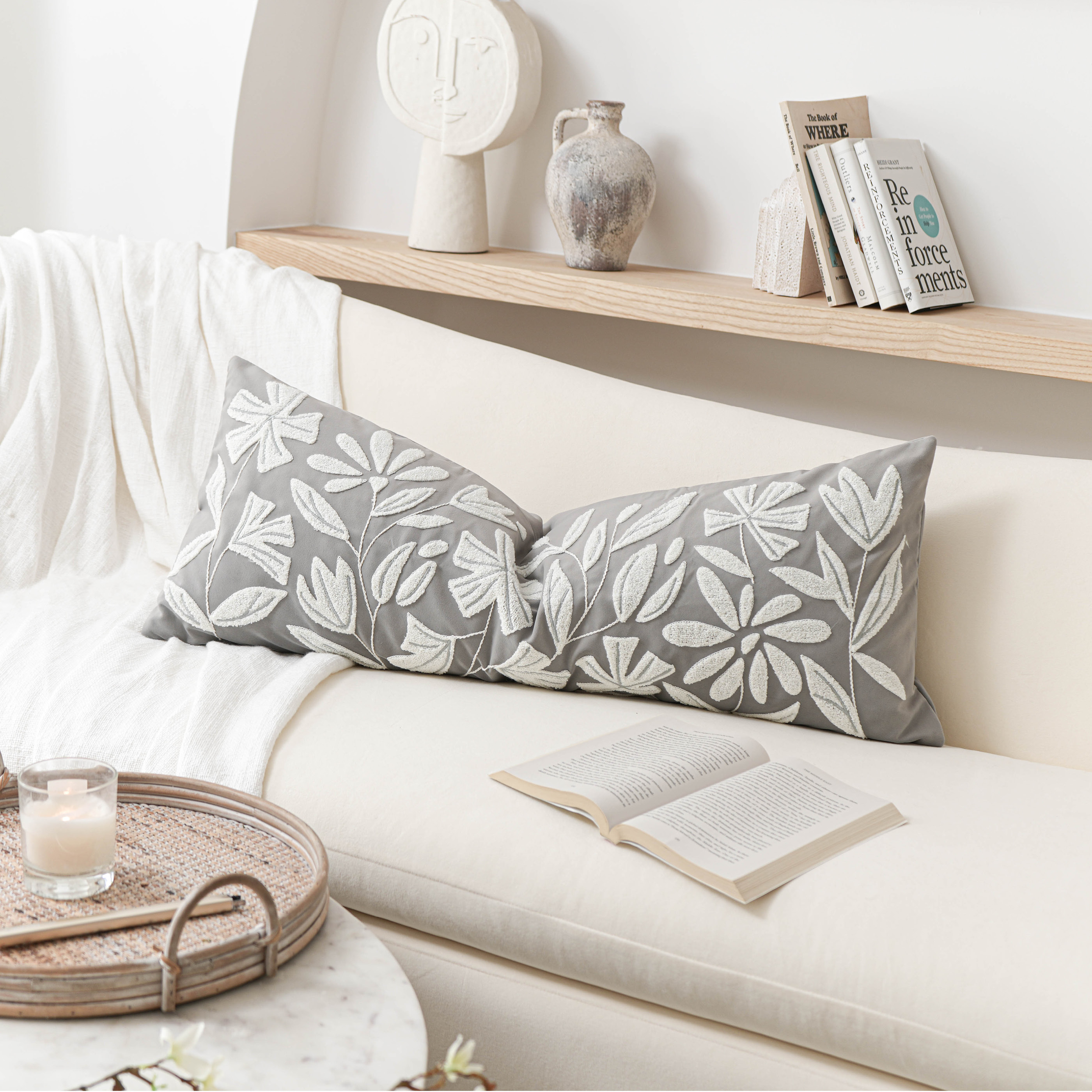 BlissBlush Grey Velvet Decorative Long Lumbar Pillow Cover 14x36, Light Gray Soft Body Pillow for Bed, Accent Lumbar Throw Pillow for Bedroom, Modern Farmhouse Textured Pillowcase