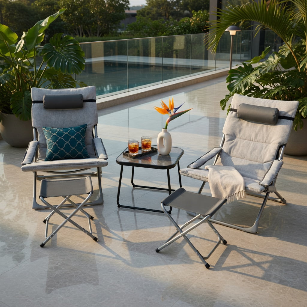 Hommoo 5-Piece Folding Patio Sling Chair Set with Footrests, Coffee Table & Headrest Pillows, Outdoor Lounge Seating for Deck, Poolside & Garden, Gray