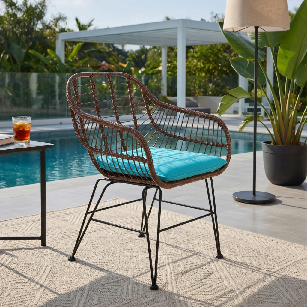 Hommoo 3-Piece Outdoor Rattan Bistro Set with Cushions, Brown Wicker, Tempered Glass Table & Removable Cushions for Patio, Balcony, Poolside, Turquoise
