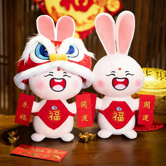 Lubelski 45cm 2023 Year Mascot Doll Chinese Style Wake Lion Bunny Doll Plushies Festival Decoration Lovely Zodiac Rabbit Mascot Doll Plush Animal Toy for Chinese New Year