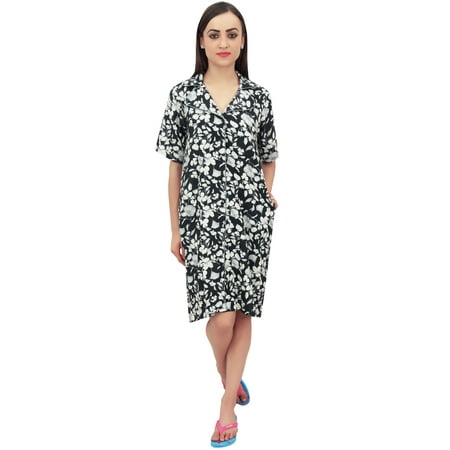 

Bimba Floral Print Black Women Sleepshirt Notched Collar Sleepwear Nightshirt - 18