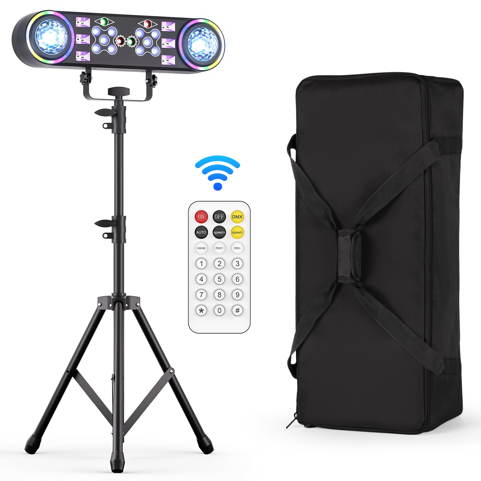 JAJALUYA 7-in-1 DJ Lights with Stand DMX & Remote Professional Double Head Magic Ball Stage Light with Tripod Bag