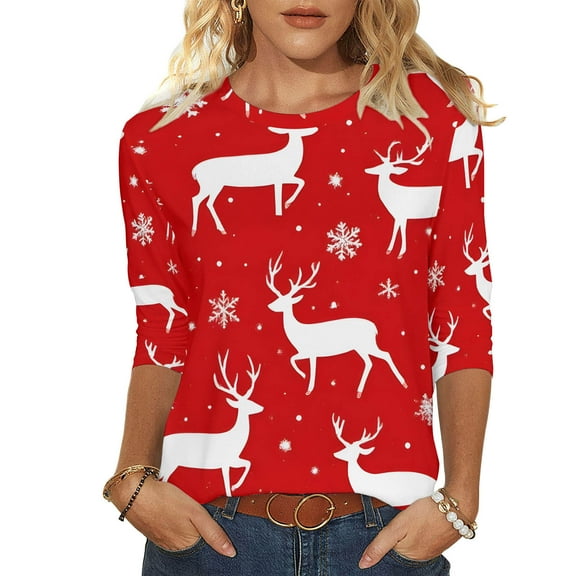 Women's Festive Christmas Deer Print Shirt 3/4 Sleeve Round Neck Cozy Top Tees Tshirts Blouse for Ugly Sweater Season My Items