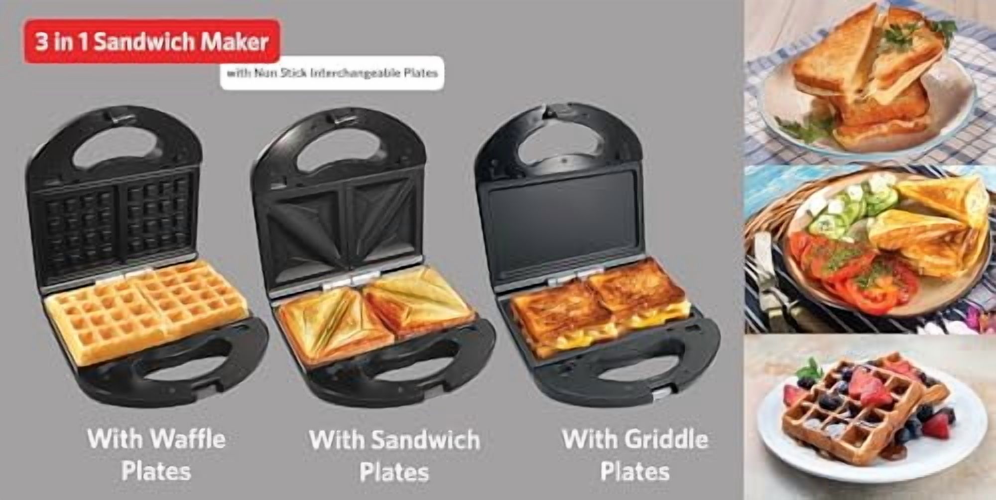 EUROSTAR ES936BX 3-In-1 Griddle, Sandwich & Waffle Maker, Black