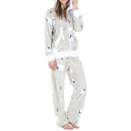 

Frankie & Johnny Women s Fleece 2-Piece Zip-Up Hooded Loungewear Pajama Set