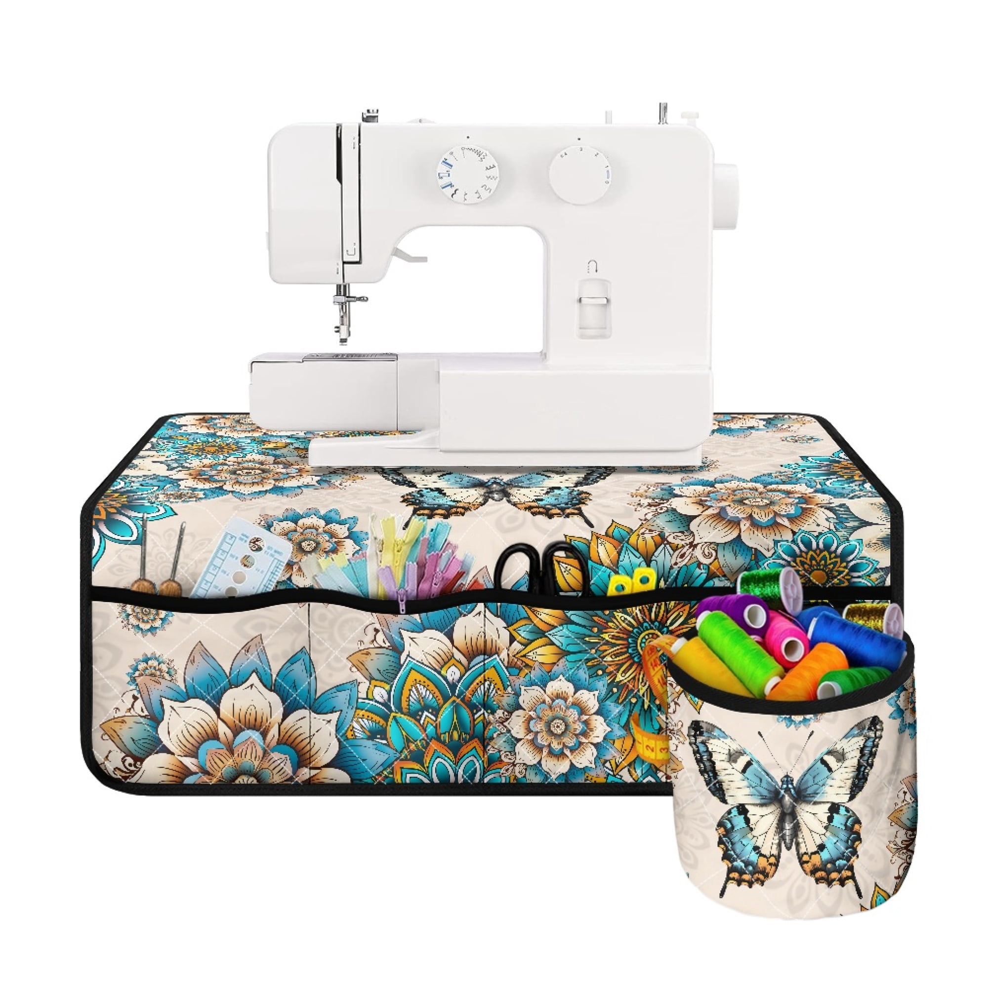 ZIATUBLE Boho Mandala Flower Sewing Machine Mats Anti Bounce Butterfly Sewing Machine Muffling Mat with Pockets Washable Sewing Machine Pad for Table with Removable Storage Bag