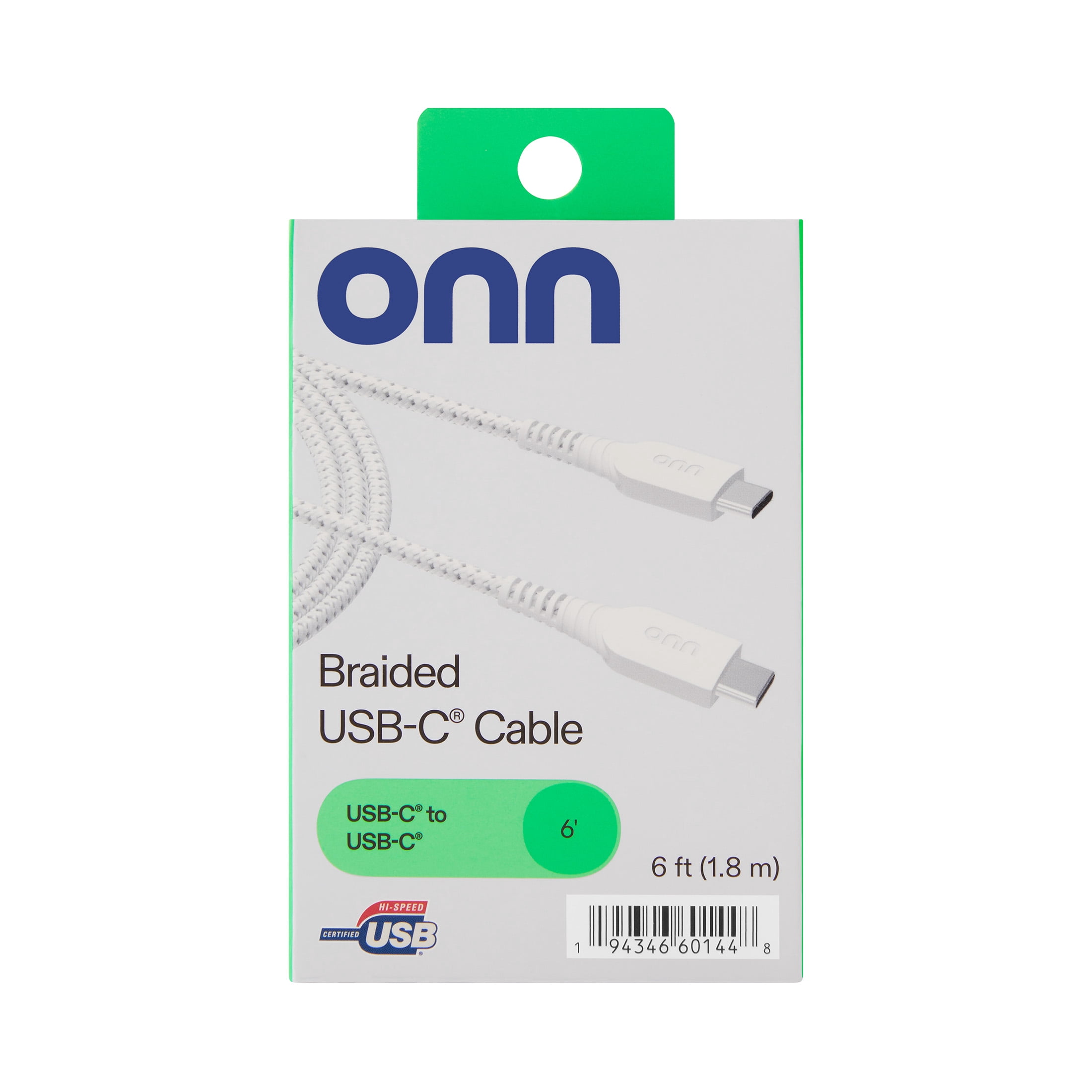 (5 pack) onn 6ft USB-C to USB-C Braided Charging Cable, Fast Charging,USB-IF Certified, White
