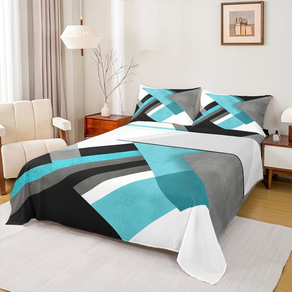 Manfei Cyan Square Geometric Twin Sheet Sets, Modern Abstract Ombre Twin Fitted Sheet, Teen Kid Adult Flat Sheet, Lightweight Room Decor, 3-Piece