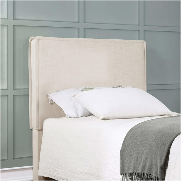 JERFIT Modern Upholstered Bed Frame Headboard with Flange Detail, Sand Color Fabric, Minimalist Design for Queen King Full Twin Size