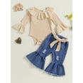 thumbnail image 3 of Miaouyo Infant Baby Girls Fall Outfits 0 3 6 9 12 18 Months Ruffle Long Sleeves Romper and Ripped Denim Flare Pants Clothes Set, 3 of 8