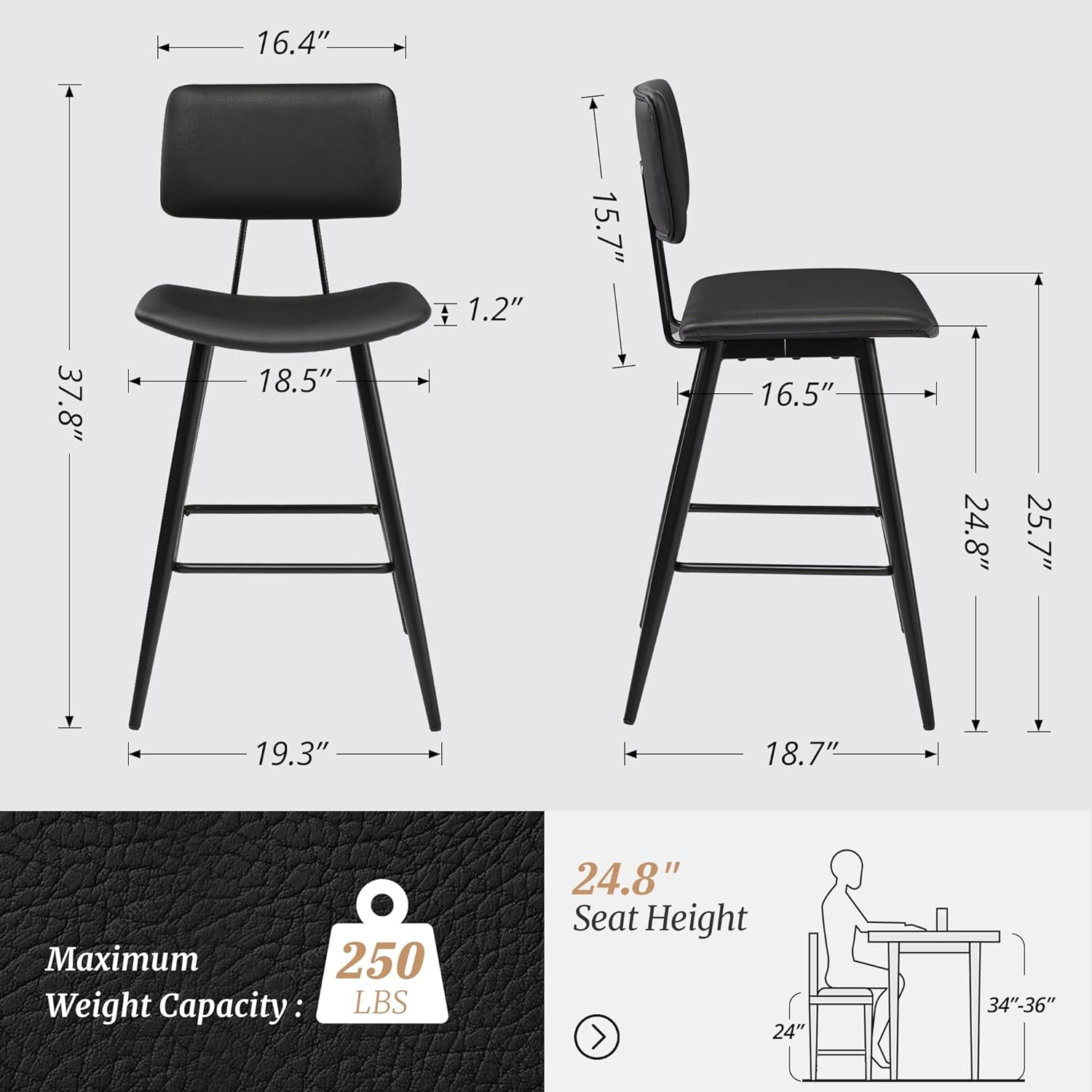 Dycanpo 24.5" Counter Height Bar Stools Set of 2, Faux Leather Upholstered Barstools, Black