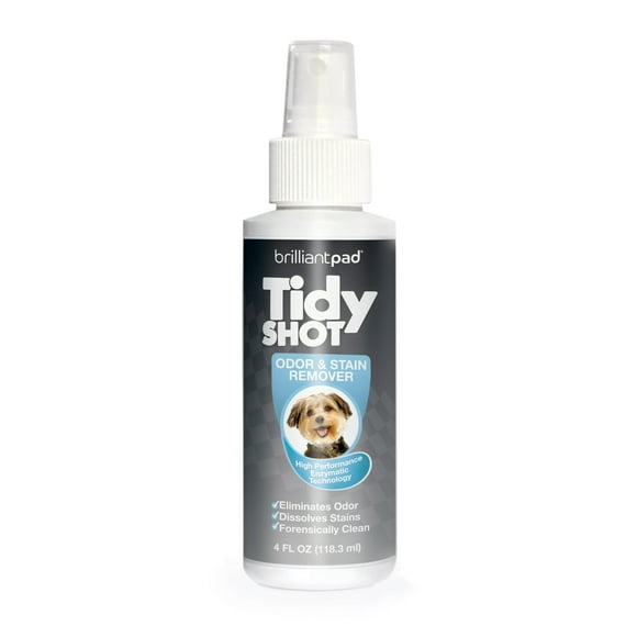 BrilliantPad TidyShot Pet Stain Remover & Odor Eliminator Spray | Natural Enzyme Cleaner, Cleans Cat & Dog Urine, Safe on Carpet & All Surfaces in Home for Pee | Advanced Professional Strength | 4 oz
