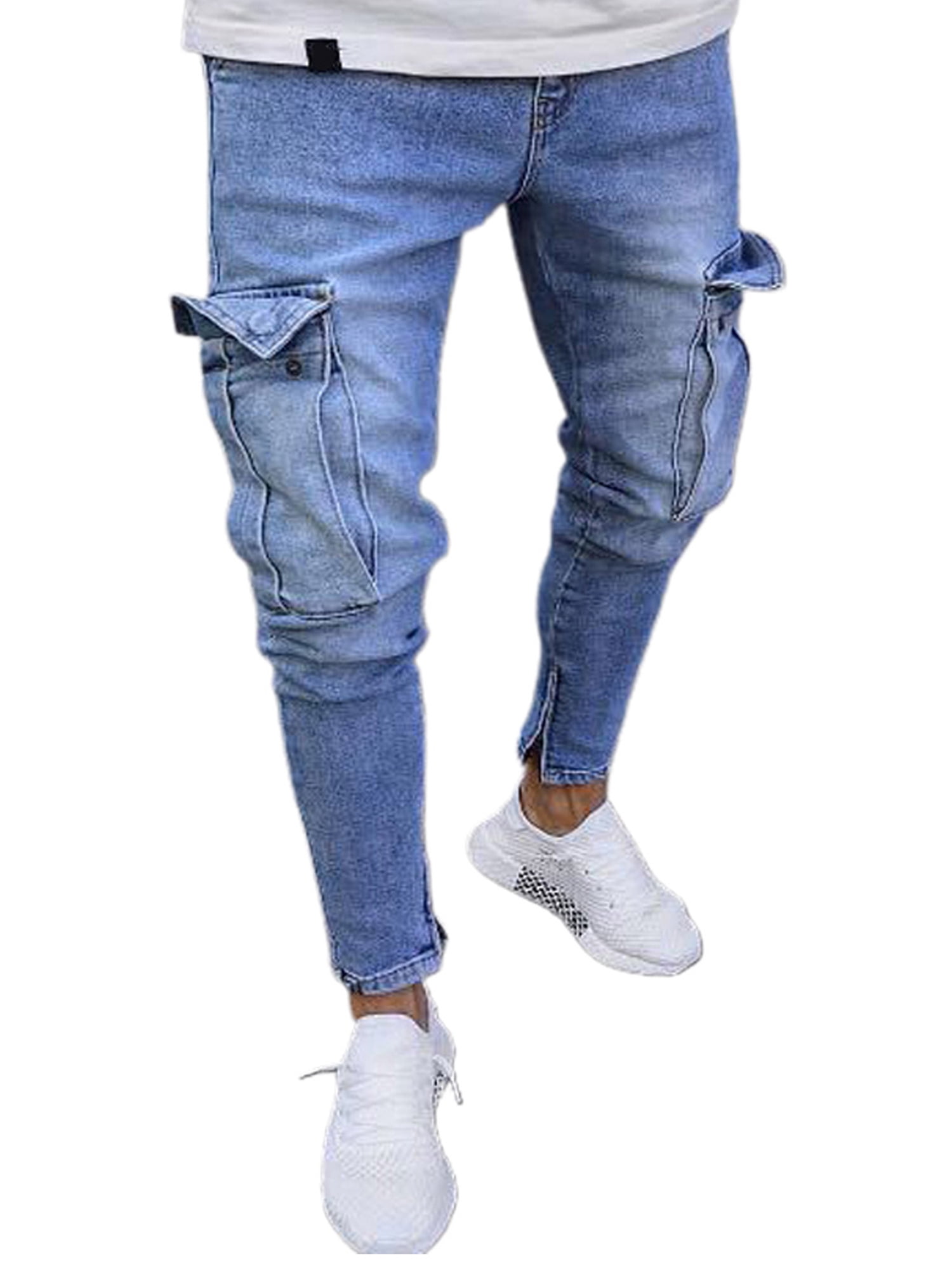 Mens Letter Stretch Jeans Ripped Denim Cargo Frayed Skinny Pants Pocket Trousers