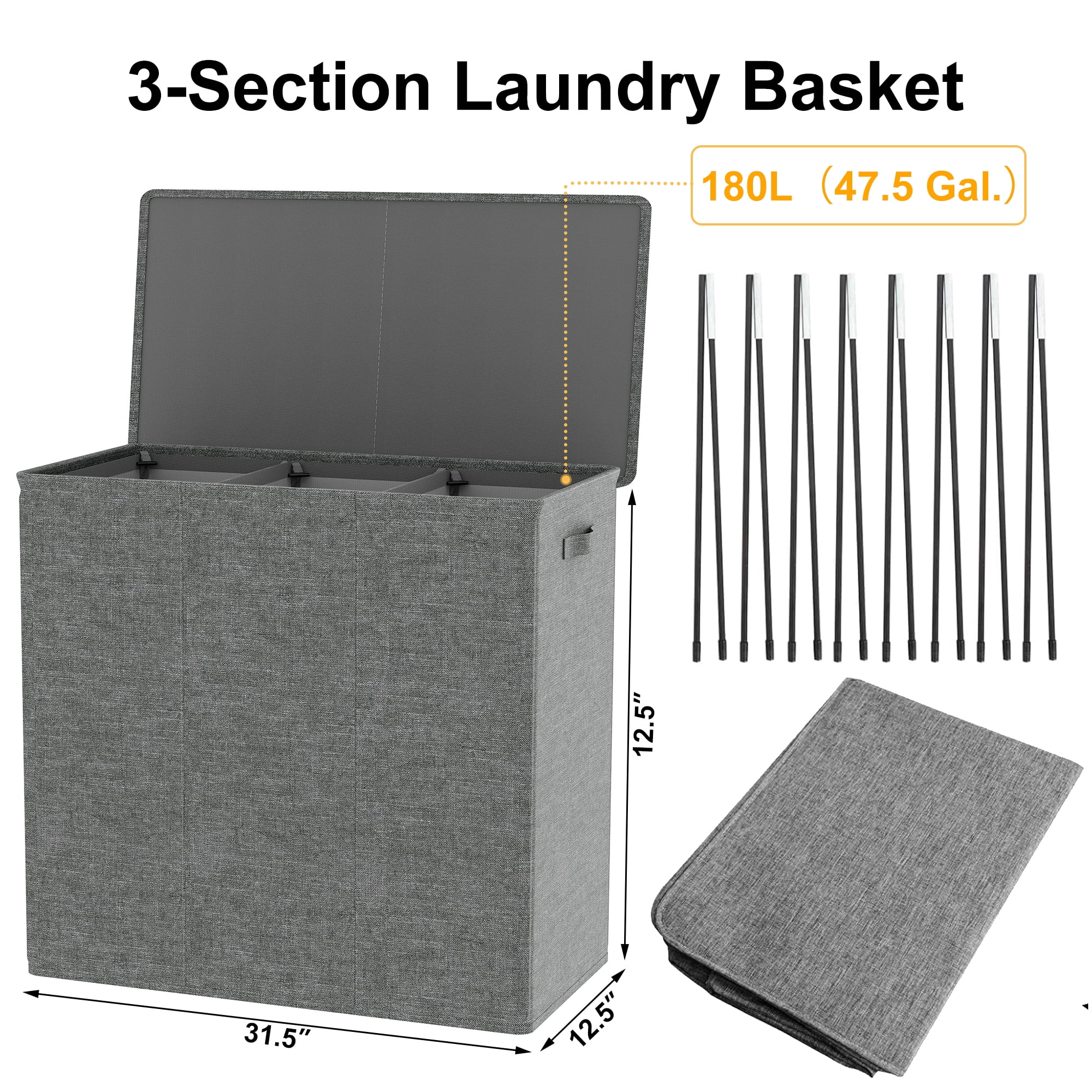 BGTREND Large Laundry Basket with Lid, 180L 3 Section Laundry Hamper with Mesh Lining Bags, Foldable Clothes Hamper for Bathroom Bedroom Closet, Adult, Dark Gray