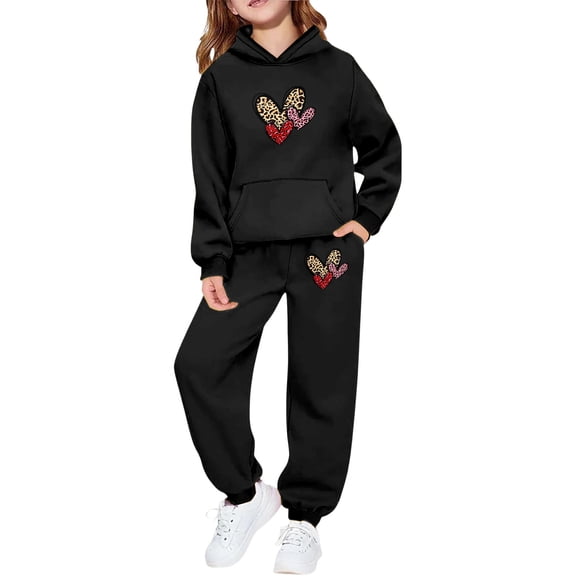 WOYY Girls Casual Outfits Leopard Heart Print Hoodie Sweatpants Set for Kids, Sizes 2-13
