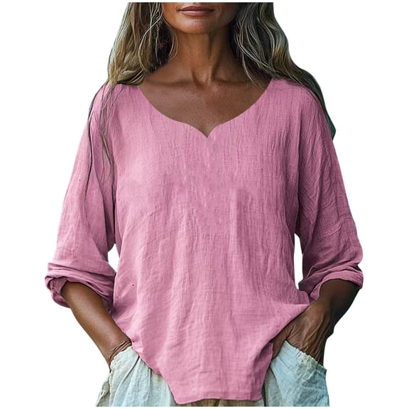 Women's Long Sleeve Cotton Linen Shirts 2026 Casual Heart V Neck Shirts Loose Vintage Boho Tops Beach Vacation Outfits