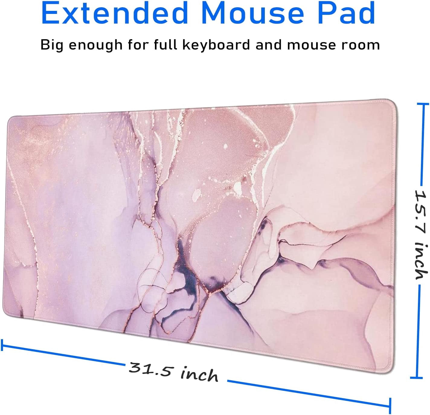 Large Gaming Mouse Pad with Seam Edge, Anti-Slip Extended Mouse Pad with Micro-Weave Cloth Surface,Waterproof Keyboard Pad, Desk Pad for Gamer Office Home XXL 31.5" x 15.7" in Pink Marble