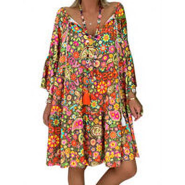Robe d'Été Manches Longues Col en V Robe Col en V Robe Femme Imprimée Ample, Kaki, m