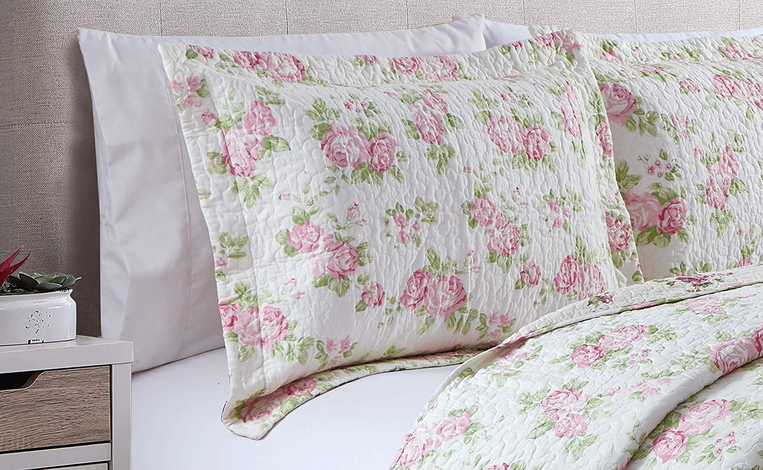 Chezmoi Collection Dakota 3-Piece Printed Pink Rose Cotton Quilt Set, Pink Floral Flower Reversible Stone Washed Lightweight Bedspread, Queen Size