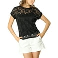 thumbnail image 3 of INSPIRE CHIC Valentine's Day Women's Casual Sheer Short Sleeves Floral Lace Top M Black, 3 of 9