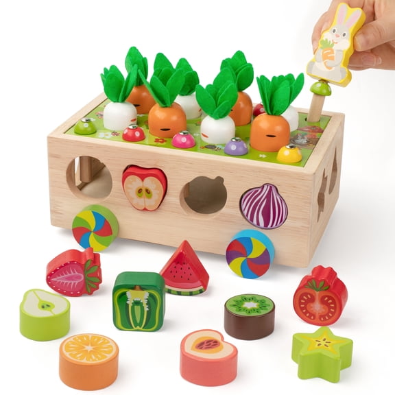 Coogam Montessori Fine Motor Toys for Baby Toddler, Wooden Shape Sorter Carrot Harvest Game for 2 3 4 Year Old