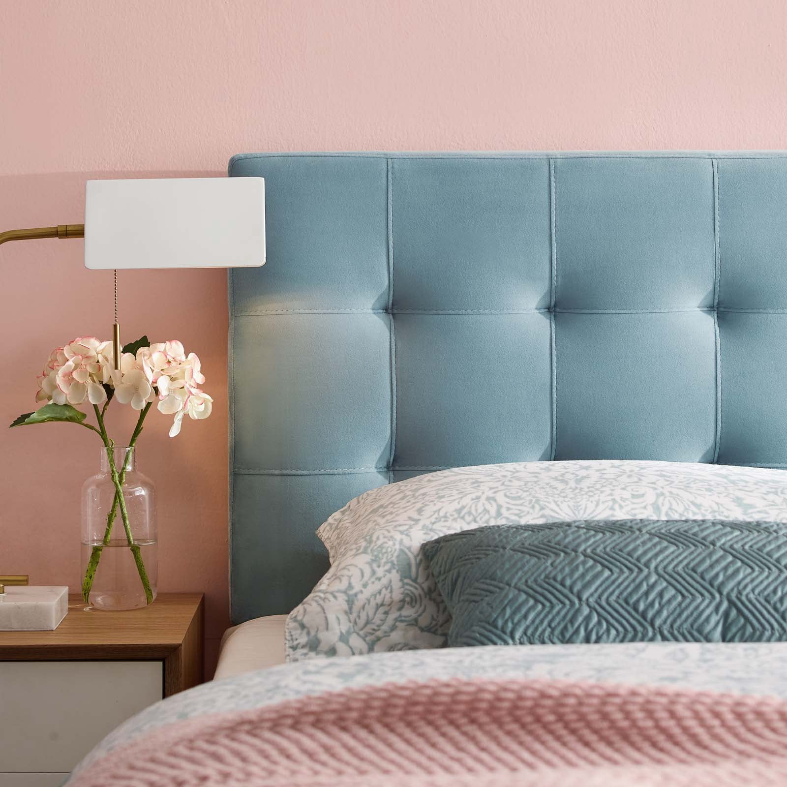 Contemporary Modern Urban Designer Bedroom Queen Size Tufted Headboard, Velvet Fabric, Light Blue