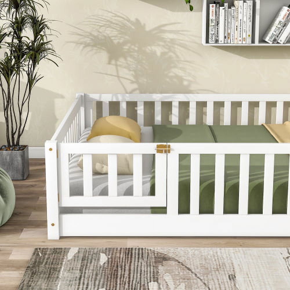 Full Size Floor Bed for Kids, Wooden Full Bed Frame with Fence Guardrails & Support Slats & Revolving Door Design, Montessori Style, Full Playhouse Bed with for Toddler, Boys ,Girls, White