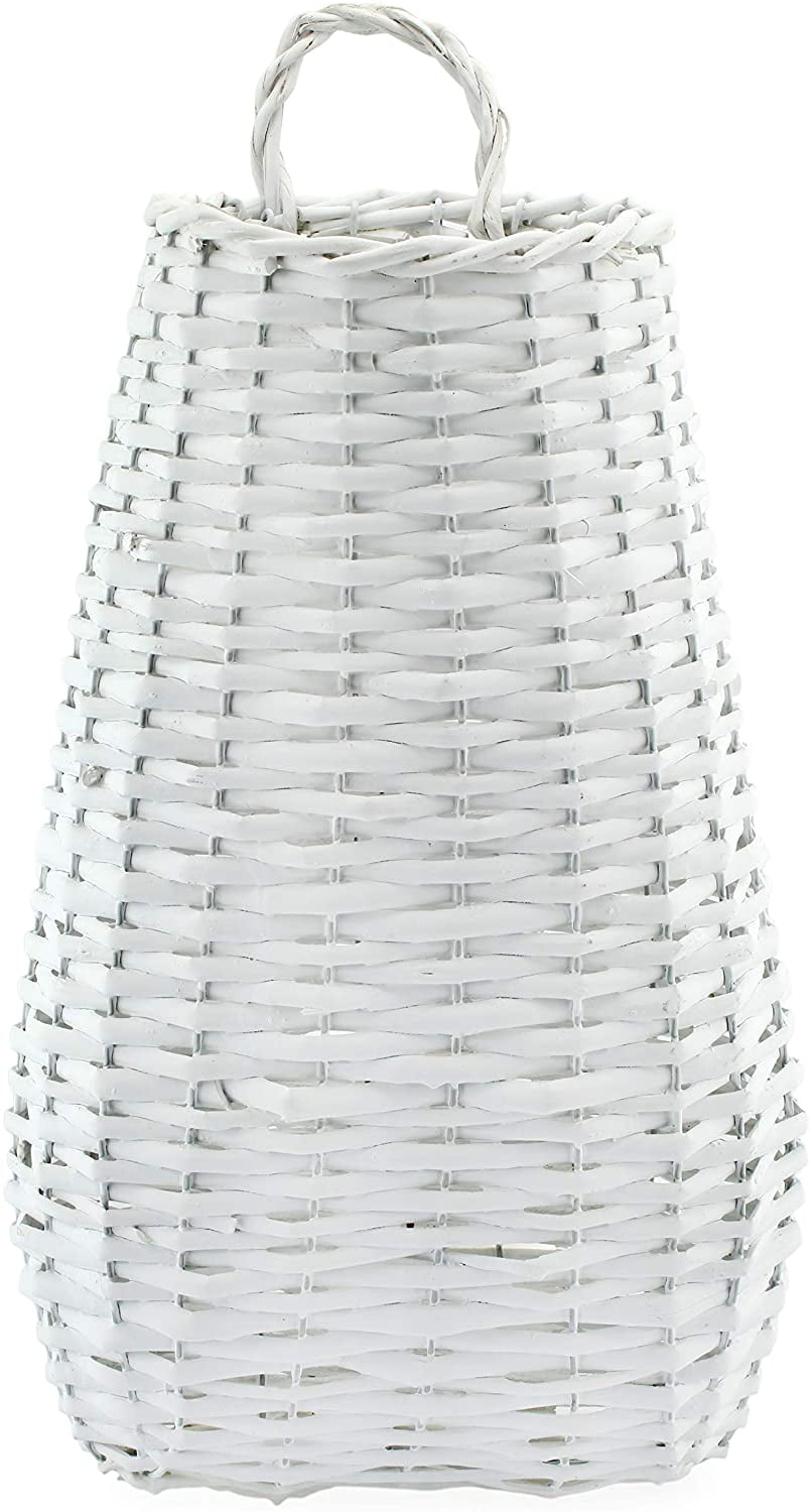 AuldHome Wall Hanging Pocket Basket (White); Woven Wicker Rustic