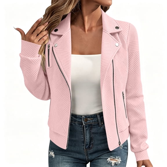 WRFWUL Womens Cropped Texture Bomber Jacket Casual Lapel Collar Zip Up Long Sheeve Jacket Lightweight Trendy Fall Winter Outerwear Coat