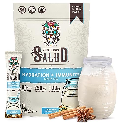 Paquetes de hidratación 2 en 1 Salud + polvo de electrolitos de inmunidad, horchata - mezcla de bebida Jamaica Agua Fresca, saúco, sin lácteos ni soja, sin OGM, sin gluten, vegano, bajo en calorías, 1