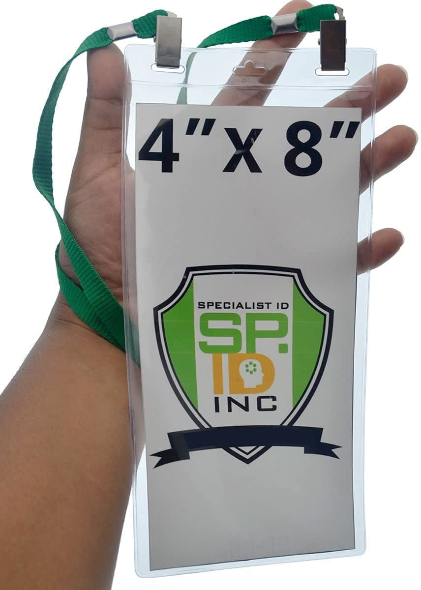 25 Pack - 4 x 8 Inch Extra Large Ticket & Event Credential Badge Holders with Double Sided Lanyards with Two Bulldog Clips, by Specialist ID (Green)