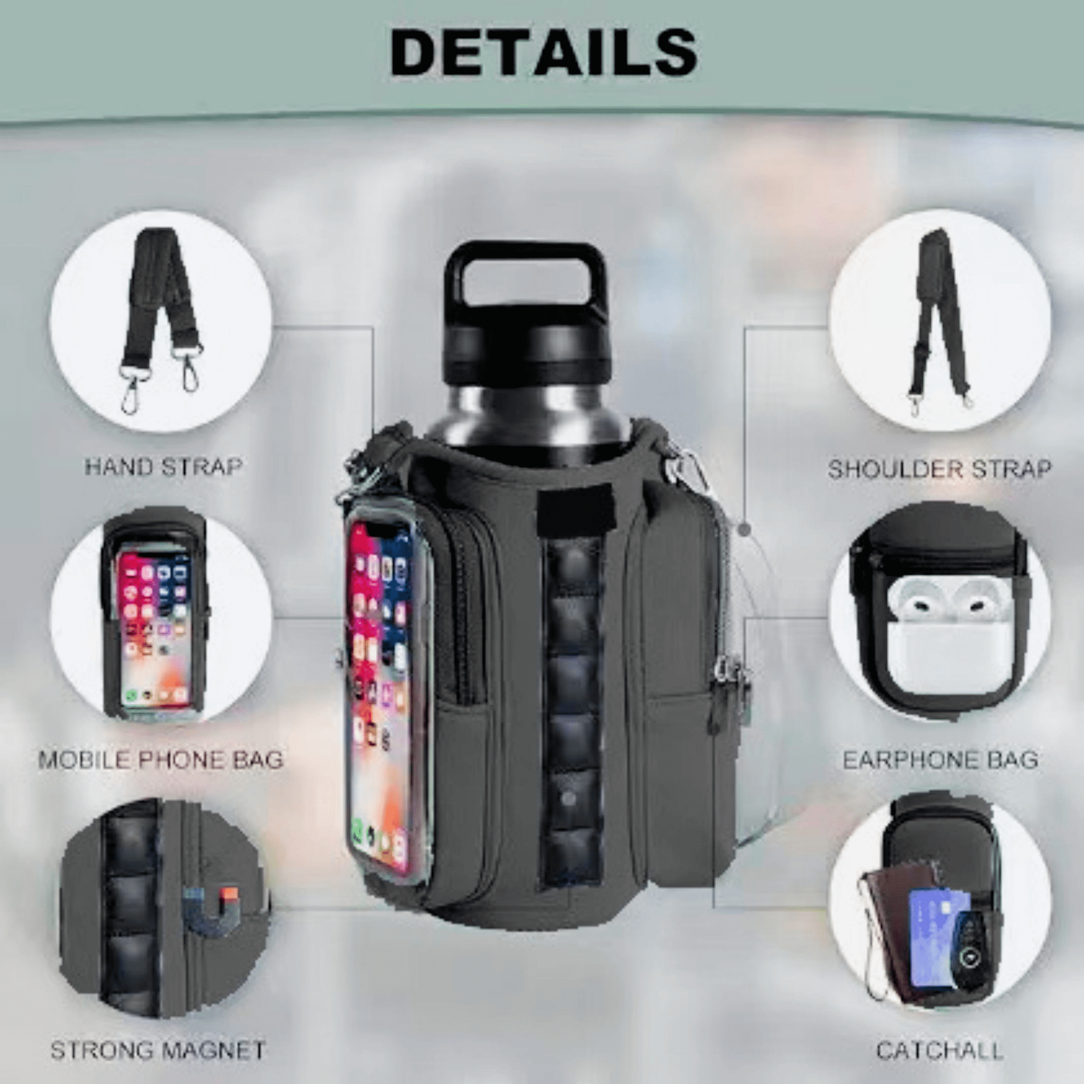 Magnetic Gym Water Bottle Bag with Transparent Window, Fits 21-40 oz Bottles