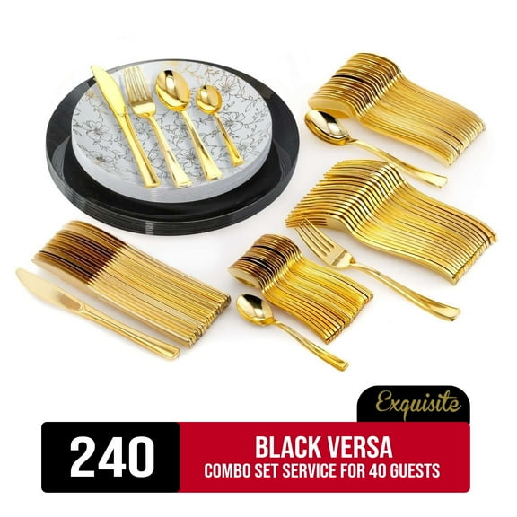 Exquisite 240 Piece Black Versa Plastic Combo Set | Serves 40 Guests