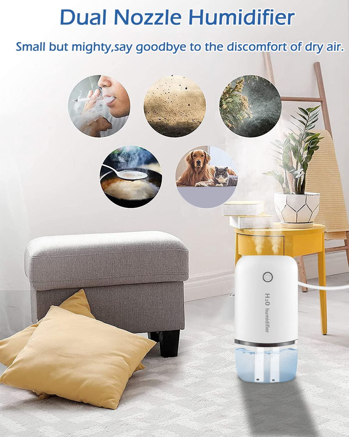 Small Humidifier 400ml Cool Mist Humidifiers for Bedroom 2 Mist Modes Desk USB Humidifier Mini Humidifier with Night Light Quiet for Home & Travel (White)