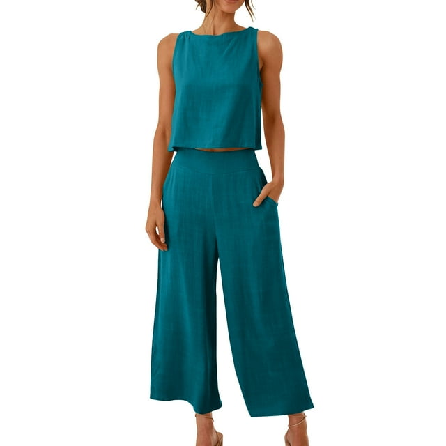 Tenues Décontractées pour Femmes 2 Pcs Été Ensemble Assorti Coton Lin Débardeurs Sans Manches et Pantalons à Jambes Larges avec Poches