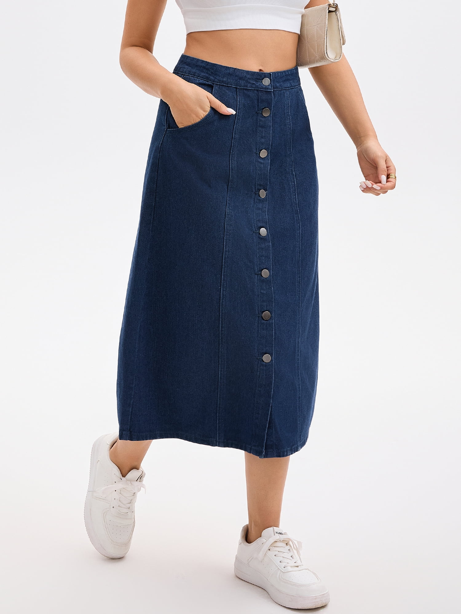 DARING DIVA Women's Button Down Front Slit A Line Midi Jean Skirts L Dark Blue