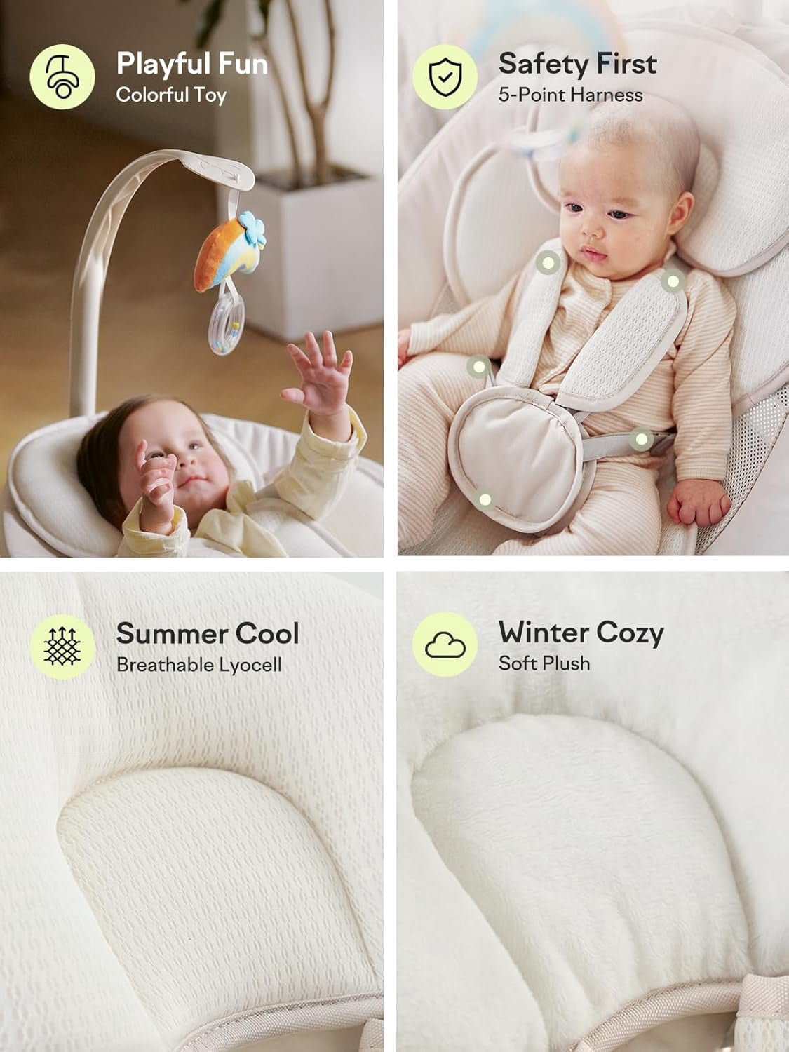Grownsy Baby Play Swing, Smart Portable High View Swing with Music, Lightweight Foldable 360° Rotating Entertainment Chair Classic Oat - Only For Awake Babies Under Adult Supervision