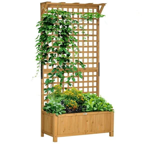 Outsunny Wood Raised Garden Bed Planter with Trellis Privacy Screen Yellow