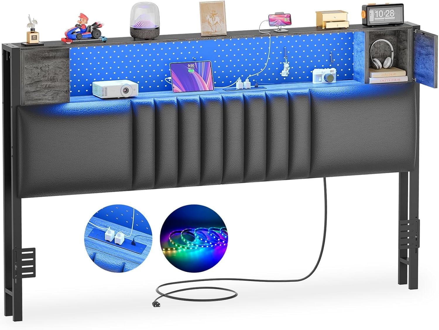 iSunirm Upholstered Headboard for Queen Size Bed Frame with Storage Cabinet & Shelf, Queen Headboard with Outlets and RGB LED Light, for Bedroom/Dorm Room, 40.1"W x 6.3"D x 43.3"H, Black Oak
