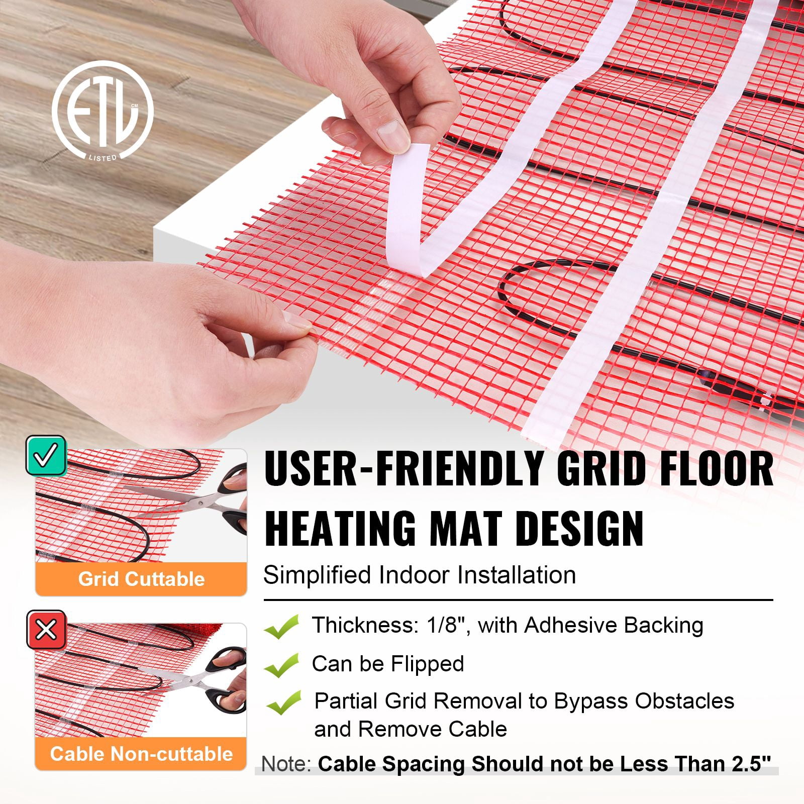 Underfloor Heating System, 30 sq ft Heating Mat, Programmable Thermostat with GFCI, 2" Cable Spacing, for Tile, Laminate & Wood Flooring, Bathroom & Kitchen
