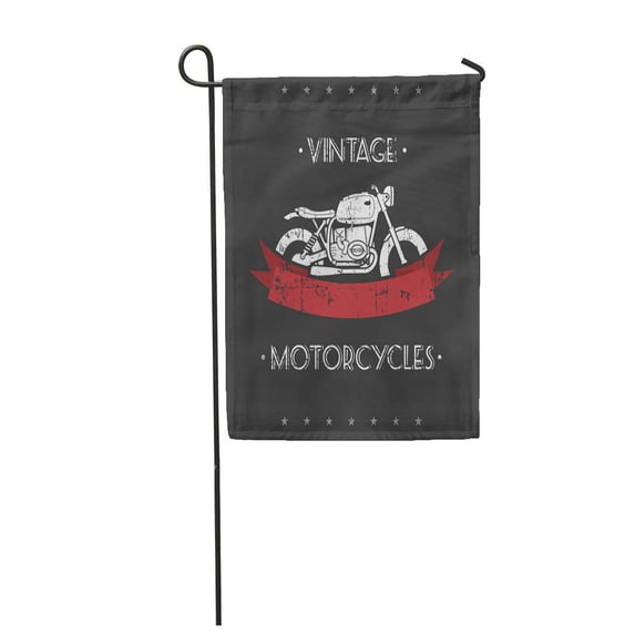 LADDKE Gray Biker Flat Looking Grunge Emblem with Classic Motorcycle and Red Ribbon Garden Flag Decorative Flag House Banner 12x18 inch