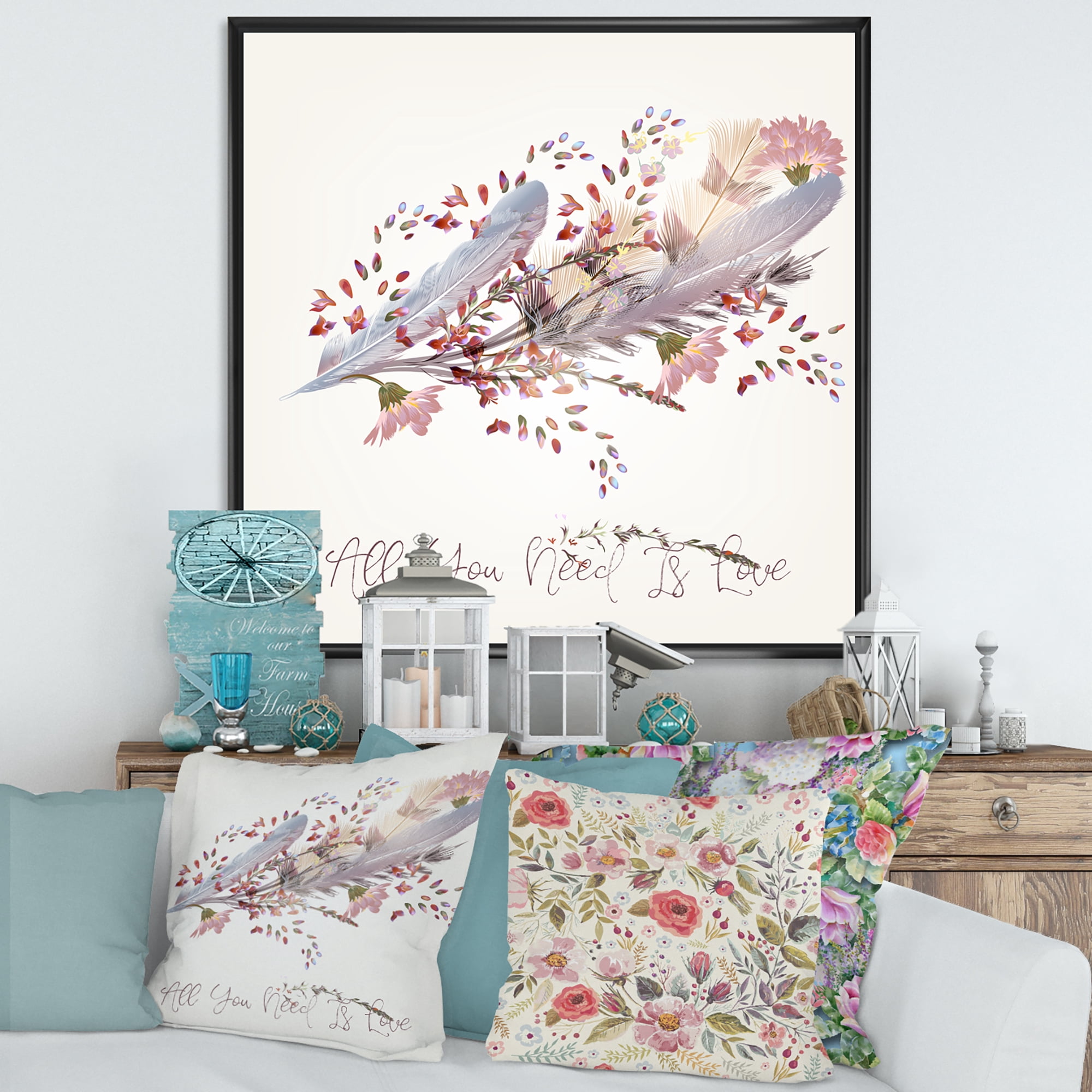 Designart 'Pink Feathers and Flowers All You Need Is Love' Bohemian & Eclectic Framed Canvas Wall Art Print