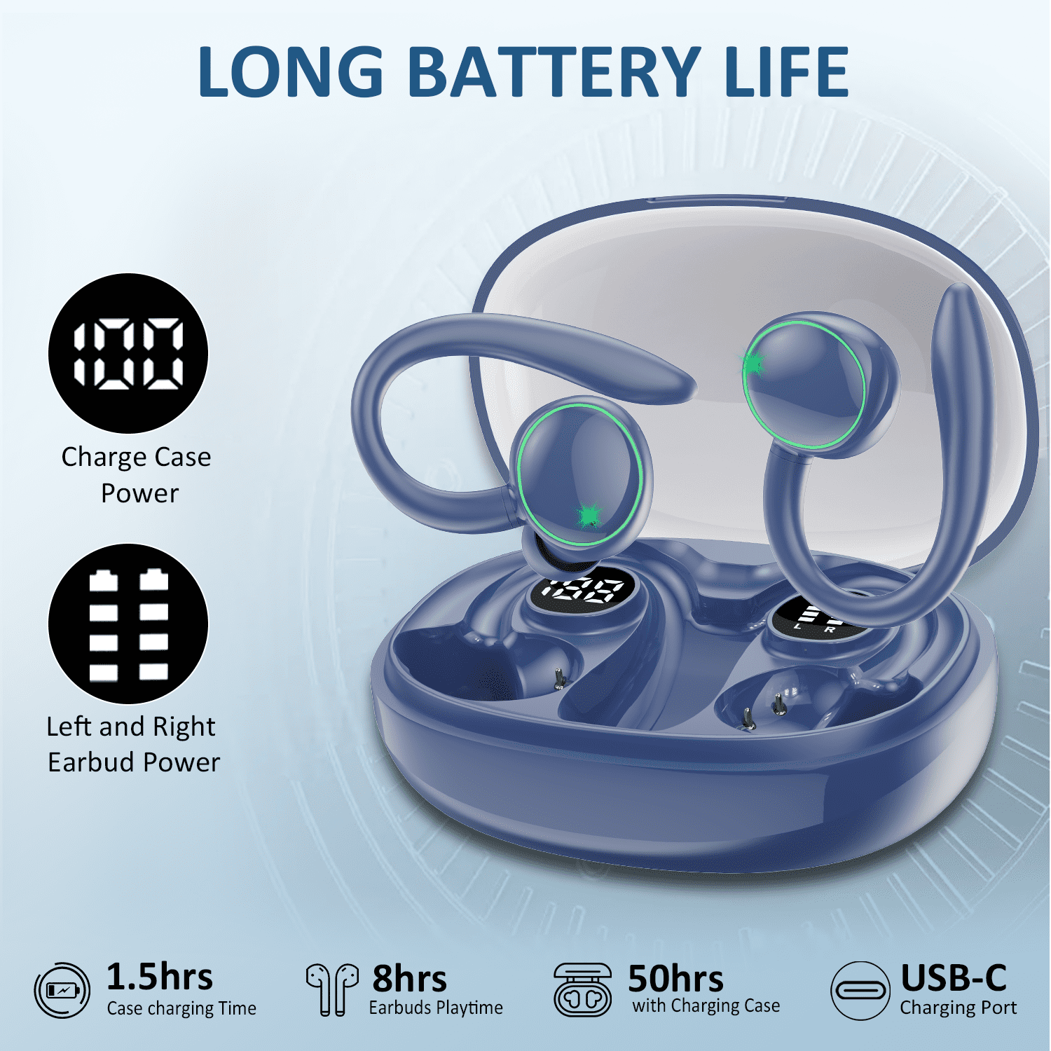 Wireless Earbuds, Bluetooth 5.4 Headphones Sports, 50H Playback Over Ear Earbuds with ENC Noise Cancelling Mic, Deep Bass Fitness Earphones Gym Running Workout with Earhooks, IP7 Waterproof Headset