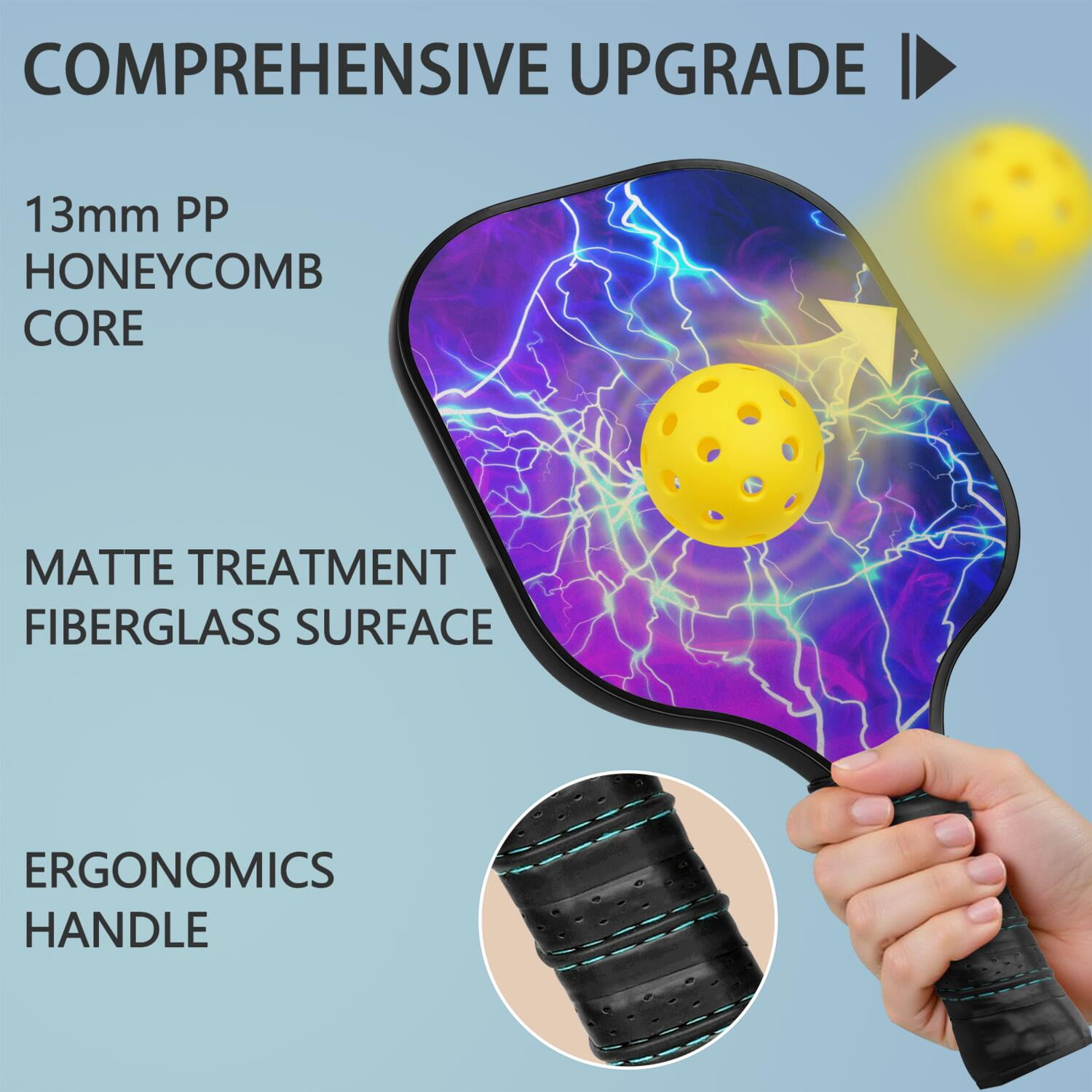 Pickleball Paddles Set Of 1, Fiberglass Surface, Thunder Print, 1 Paddle, 2 Balls & Bag