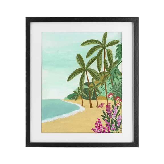 Palm Filled Shoreline Black Framed Print Under Glass, design by Nabeela Rumi