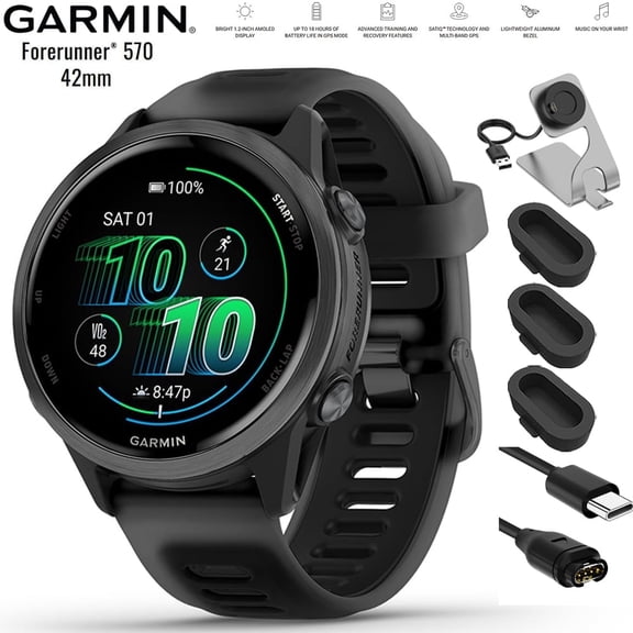 Garmin 010-02970-00 Forerunner 570 - 42mm GPS Smartwatch Aluminum and Black Band Bundle with Deco Essentials Charging Dock, Silicone Dust Cover 3 Pack and USB Type C Charging and Sync Cable