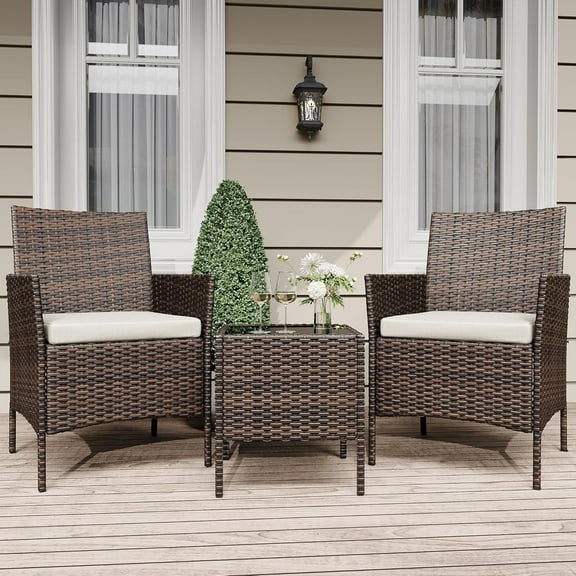 3 Piece Patio Furniture Set, Wicker Rattan Patio Parlor Set, 2 Chairs, 1 Coffee Table,Brown & Beige Cushions